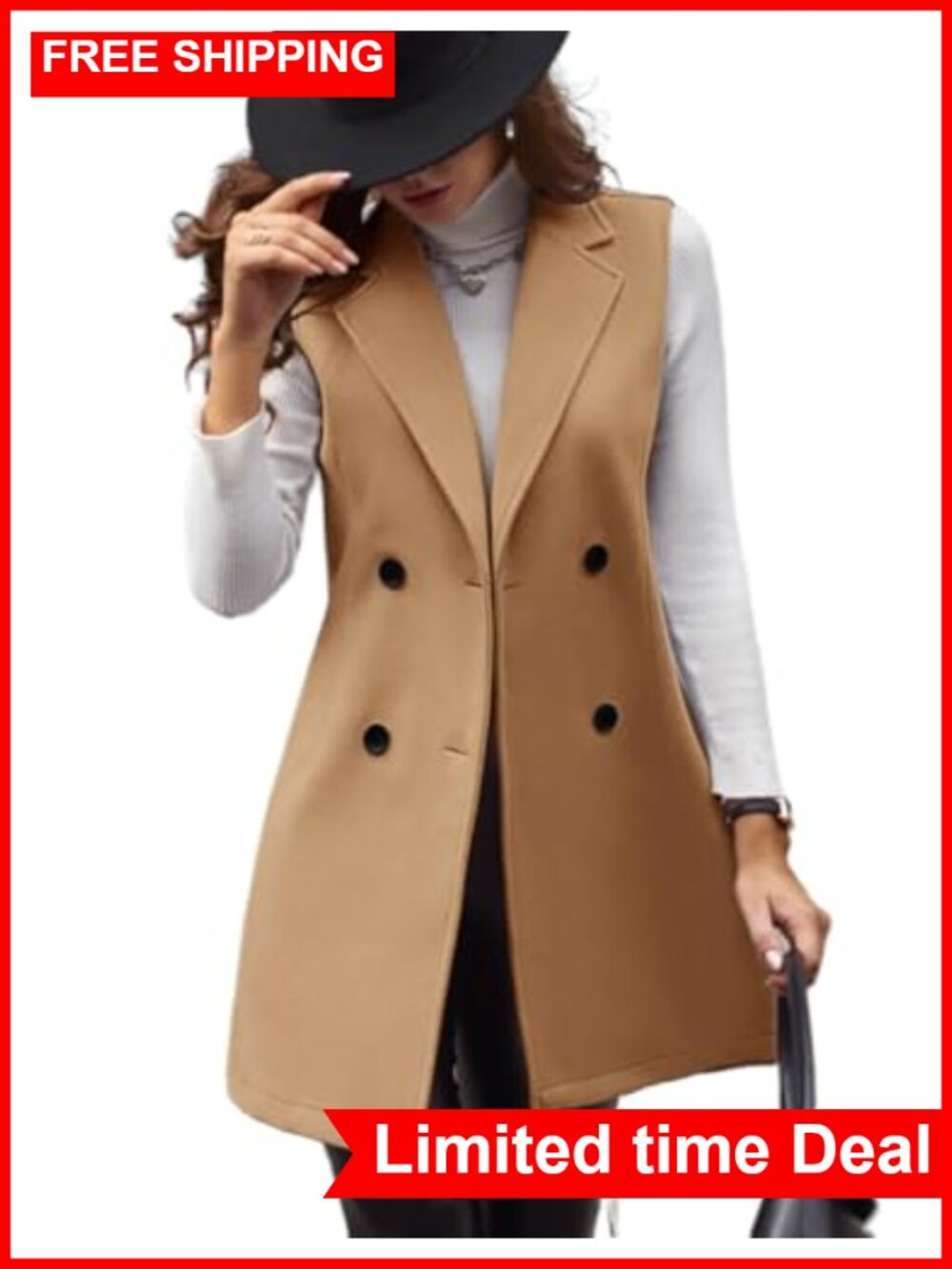 Wool Blend Sleeveless Trench Coat Vest Double Breasted Above Knee
